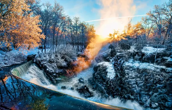 Picture winter, waterfall, morning, couples