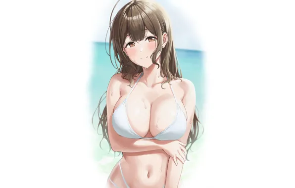 Picture girl, hot, sexy, sea, ocean, Beach, boobs, anime, pretty, blonde, breasts, bikini, oppai, white bikini