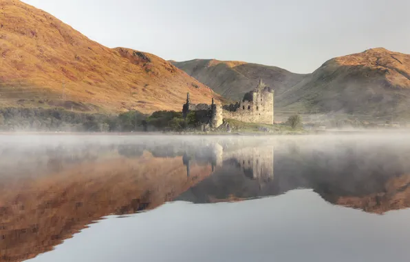 Picture the sky, mountains, fog, lake, reflection, castle, hills, shore, morning, Scotland, architecture, pond, mirror