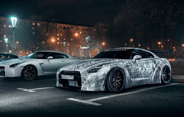 Picture Auto, Night, Machine, Tuning, Nissan, GT-R, Parking, Moscow, Nissan GT-R, Sports car, Tattooed, Mikhail Sharov, …