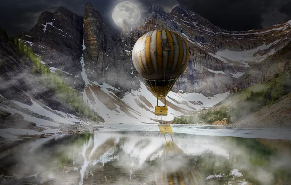 Picture winter, forest, snow, landscape, mountains, night, nature, fog, reflection, balloon, rendering, rocks, the moon, basket, …