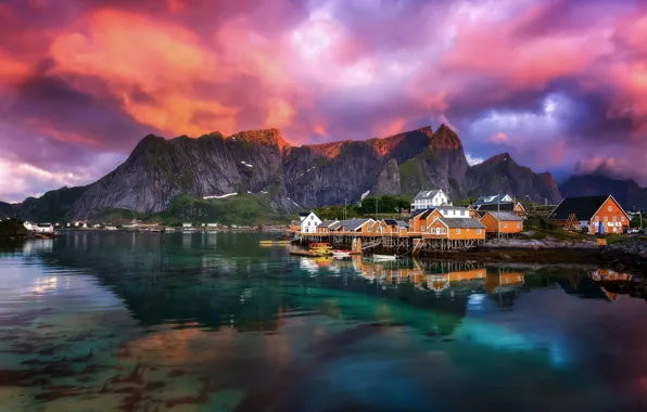 Picture the sky, clouds, mountains, Norway, the village, the fjord