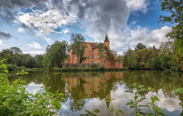 Picture the sky, clouds, pond, castle, Germany, Bayern