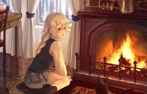 Picture cat, girl, fireplace