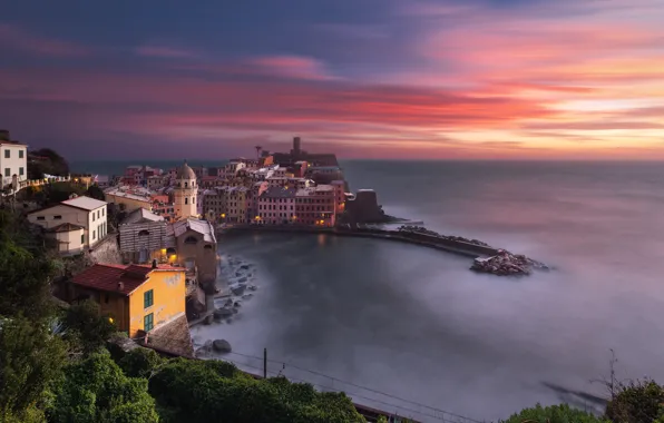 Picture sea, landscape, sunset, mountains, the city, home, the evening, Italy, Vernazza, Vernazza, Liguria