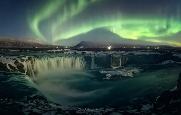 Picture the sky, snow, night, waterfall, Northern lights, Iceland