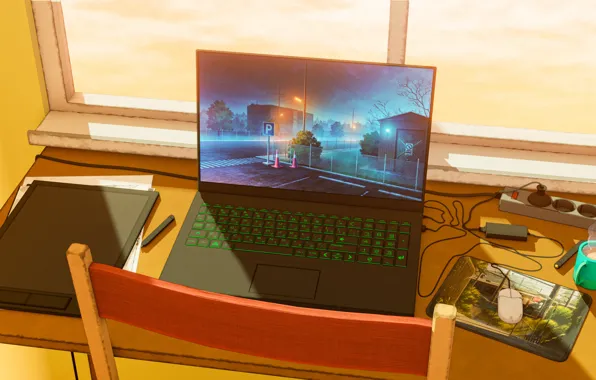 Picture interior, Table, Summer, art, Room, computers, Laptop, Anime, Anime, Summer, Blender