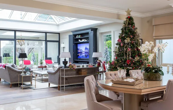 Picture decoration, tree, Christmas, New year, living room, festive table, dining room, Новогоднее настроение