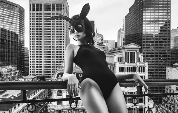 Picture the city, pose, model, building, mask, black and white, skyscrapers, monochrome, ears, body, Black Bunny, …