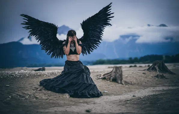 Picture girl, nature, pose, woman, wings, angel, black