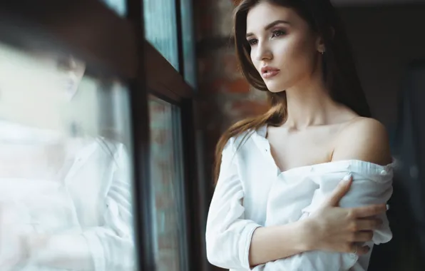 Picture pose, model, portrait, makeup, hairstyle, shirt, brown hair, is, shoulder, in white, window