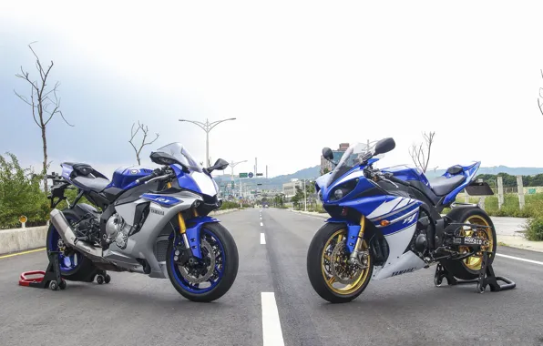 Picture silver, white, yamaha, blue, bikes, yzf-r1