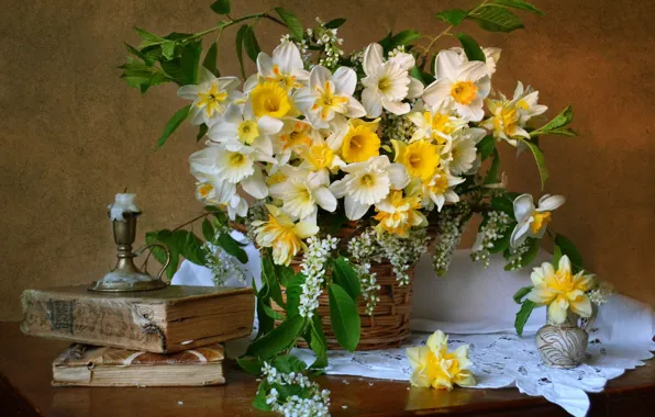 Picture flowers, books, candle, still life, napkin, daffodils, cherry, Valentina Fencing
