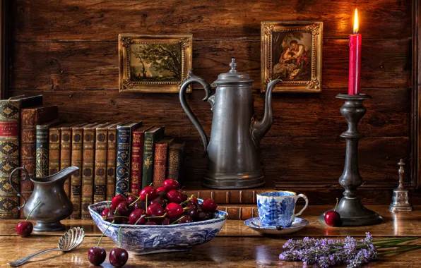 Picture flowers, cherry, style, books, candle, mug, Cup, pictures, still life, lavender, coffee pot