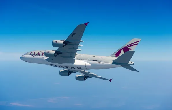 Picture Clouds, A380, Airbus, Qatar Airways, Wing, Airbus A380, A passenger plane, Airbus A380-800