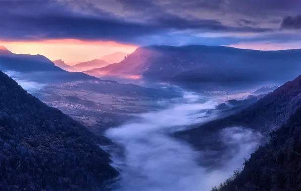 Picture mountains, fog, dawn, morning, valley, panorama, Spain, Spain, Navarra, Navarre, Amescoa Valley, Бакедано, Долина Амескоа, …