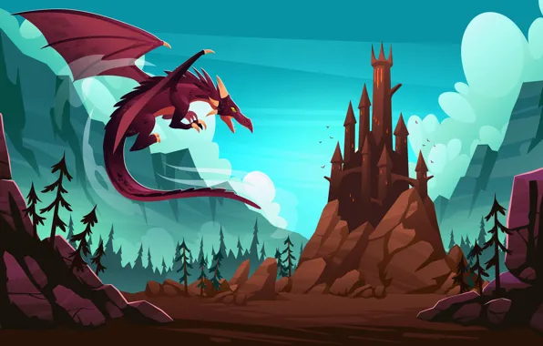 Picture Mountains, Dragon, Rocks, Forest, Castle, Wings, Vector graphics