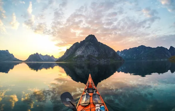 Picture sea, mountains, reflection, water surface, kayak