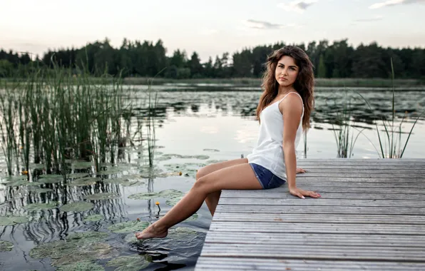 Picture summer, girl, pose, river, hair, the evening, legs, beautiful, Andrew Stankūnas