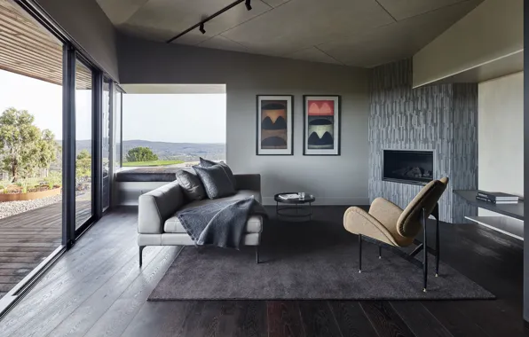 Picture design, interior, fireplace, living room, by Robert Nichol and Sons, Oikos Retreat