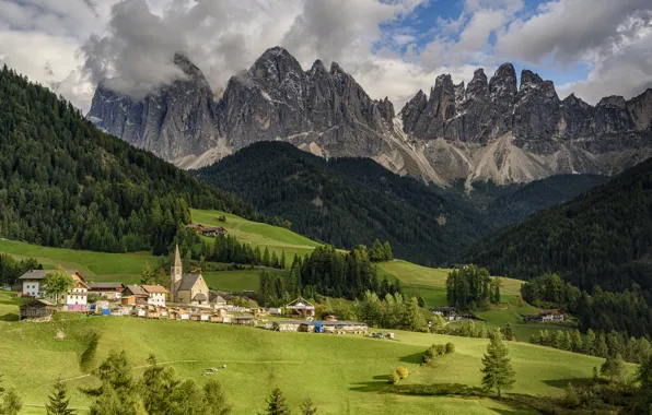 Picture forest, mountains, Alps, Church, houses