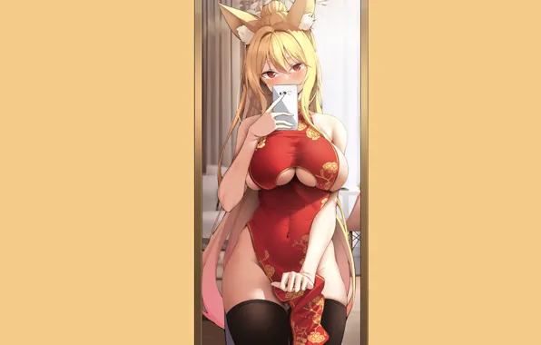 Picture girl, sexy, Anime, boobs, photo, mirror, Nothing, selfie, cat girl