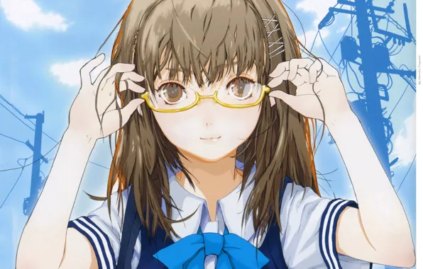Picture face, hands, glasses, Power lines, girl, bow, blue sky, bangs, haruaki fuyuno, shkolnica
