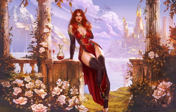 Picture Flowers, Girl, Dress red, Warcraft, Blizzard, View, Blood, Острые уши