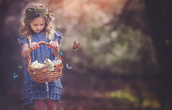 Picture butterfly, flowers, nature, basket, dress, girl, child, curls, Amber Bauerle