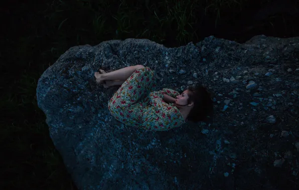 Picture sadness, girl, nature, pose, the dark background, stone, dress, lies, twilight, boulder, barefoot, curled up