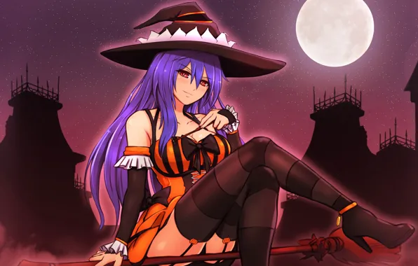 Picture night, the moon, hat, broom, Halloween, witch