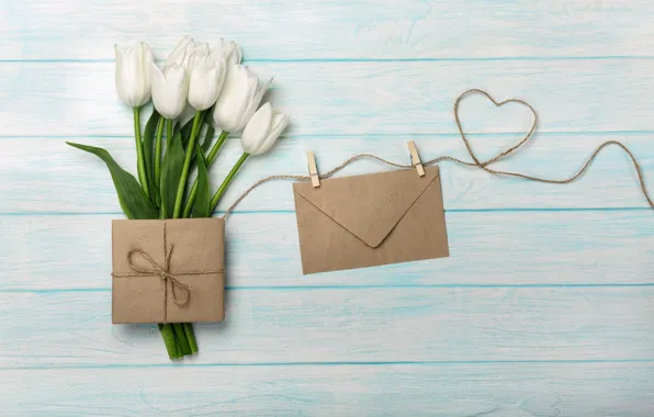 Picture flowers, gift, heart, bouquet, tulips, white, heart, flowers, romantic, tulips, with love, gift box