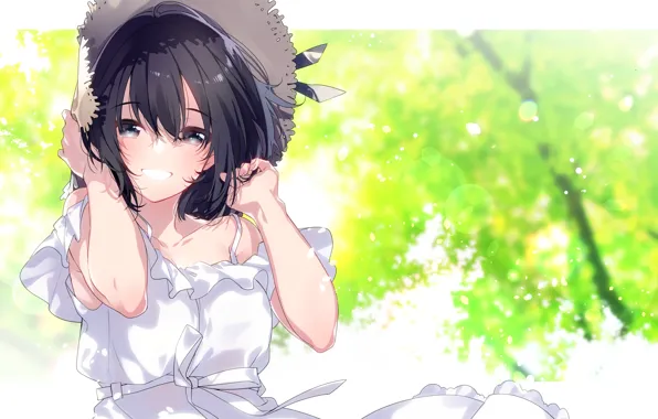 Picture girl, anime, art, hat, white dress