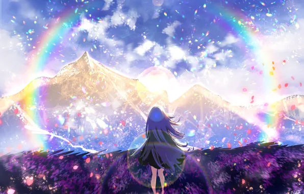 Picture the sky, mountains, glade, rainbow, girl, by Noki