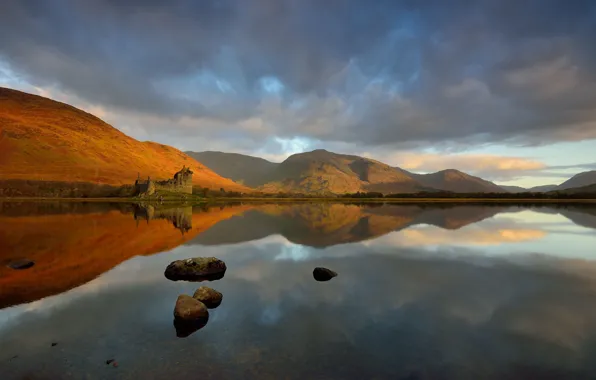 Picture autumn, the sky, clouds, mountains, lake, reflection, stones, castle, hills, shore, Scotland, haze, architecture, pond, …
