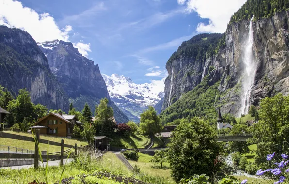Picture mountains, waterfall, Switzerland, Alps, Lauterbrunnen, Staubbach