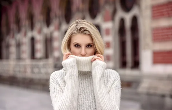 Picture look, pose, background, model, portrait, hands, makeup, hairstyle, blonde, is, in white, sweater, bokeh, Brigitte, …