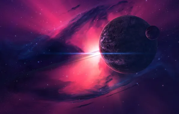 Picture space, planet, art, pink background