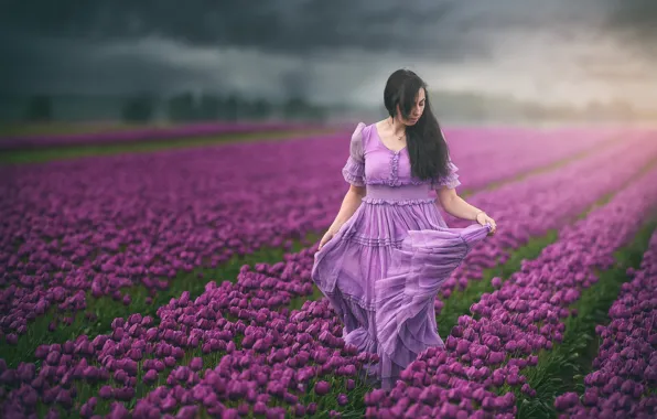 Picture field, girl, dress, tulips, bokeh