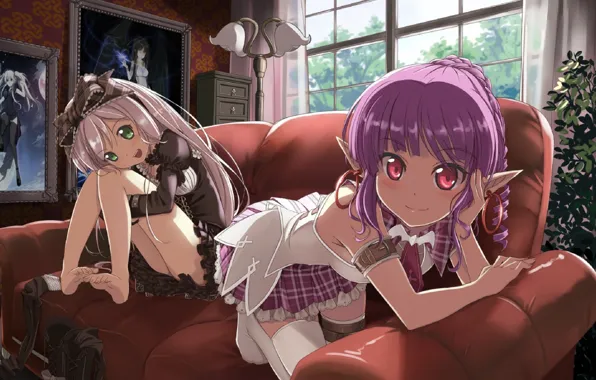 Picture Ruski, pictures, bows, red eyes, mansion, floor lamp, in the room, window, purple hair, barefoot, …