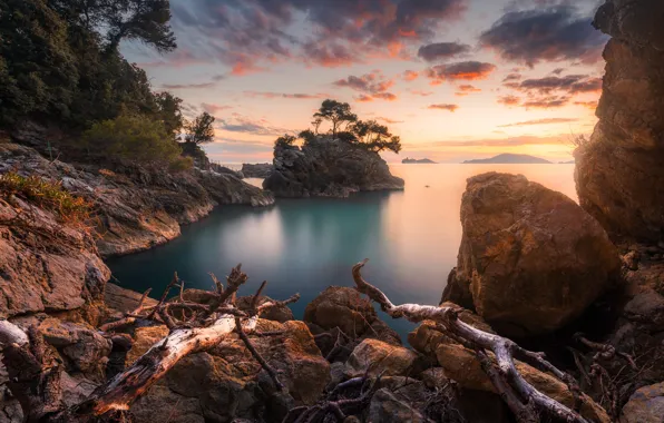Picture sea, landscape, sunset, nature, stones, rocks, Italy, Liguria