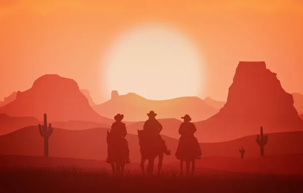 Picture the sun, sunset, mountains, silhouette, cowboys
