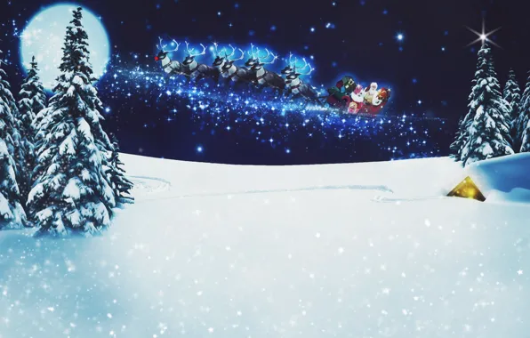 Picture Winter, Night, Snow, The moon, Christmas, New year, Santa Claus, Stars, Deer, Sleigh, Развозит подарки