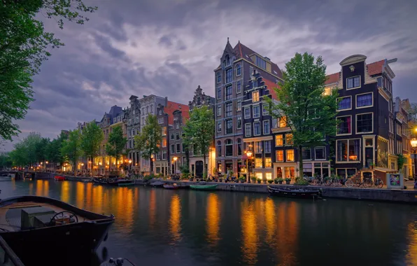Picture the city, building, home, boats, the evening, lighting, Amsterdam, lights, channel, Netherlands, Holland