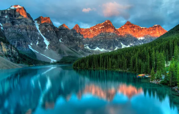 Picture forest, sky, trees, landscape, nature, water, clouds, lake, Mountains, reflection, boats, Moraine Lake, peaks