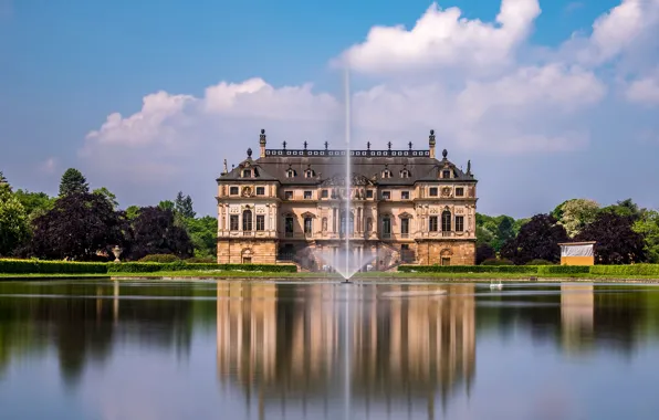Picture the sky, the sun, clouds, trees, pond, Park, castle, Germany, Dresden, fountain, Great Garden