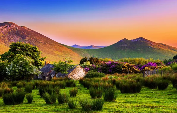 Picture landscape, sunset, mountains, nature, house, garden, Ireland, plantings