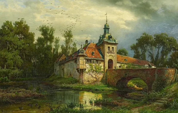 Picture German painter, German landscape painter, oil on canvas, 1871, August Levin von Villa, Water castle …