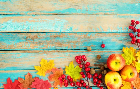 Picture autumn, leaves, berries, background, tree, apples, colorful, nuts, vintage, wood, background, autumn, leaves, maple
