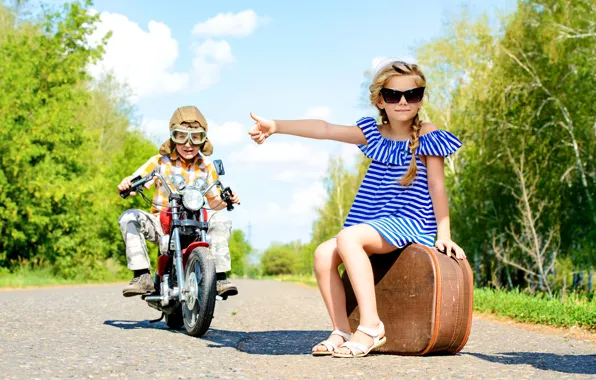 Picture road, boy, dress, glasses, motorcycle, girl, suitcase
